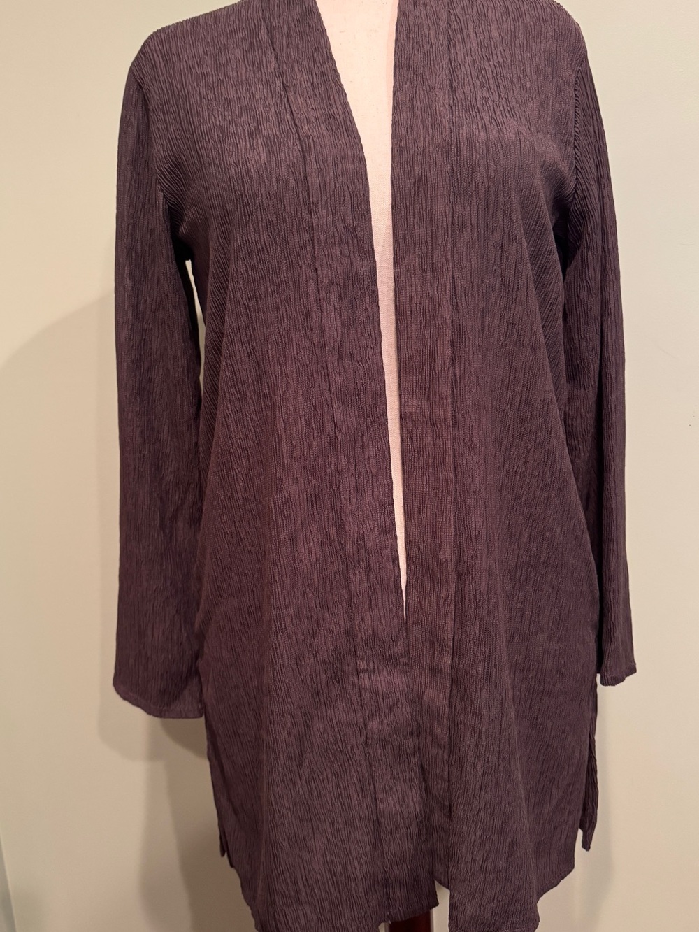 Eileen Fisher Brown Crinkle Tencel Open Front Duster Cardigan Sz XS